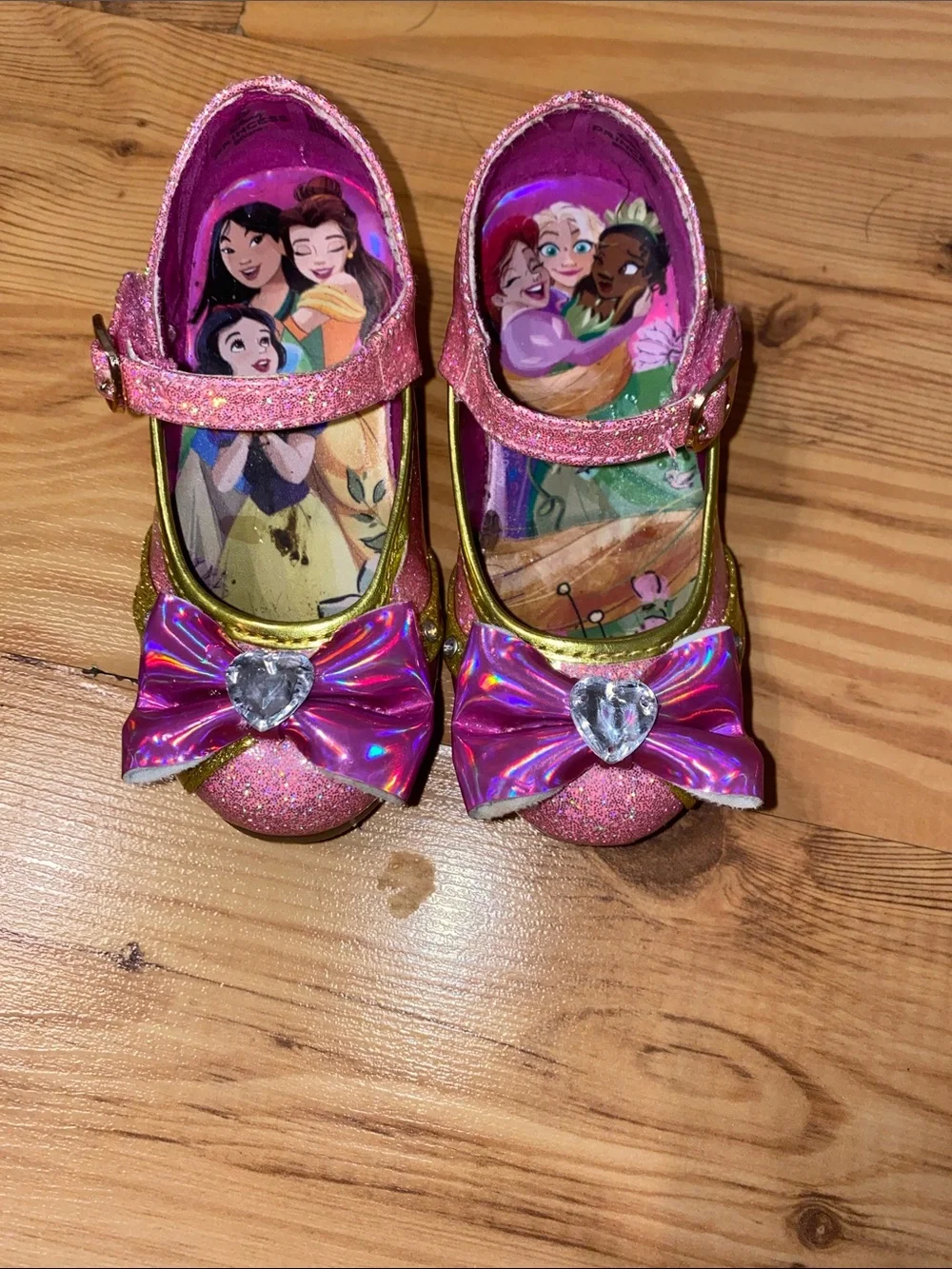 Disney Girls Pink Glitter Princess Bow Dress Shoes with Heart Gems